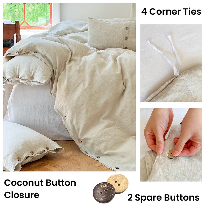 Simple&Opulence 100% Linen Duvet Cover Set 3pcs with Coconut Button Closure Natural French Washed Flax Solid Color Soft Breathable Farmhouse Bedding - Linen, King Size - Image 3
